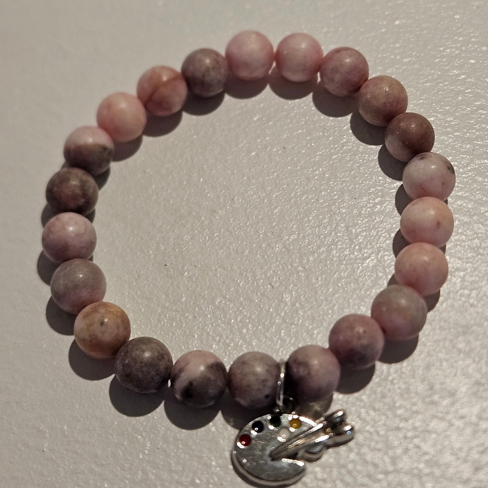 Pink Artist Palette Charm Beaded Marbled Stone Bracelet Boho Whimsical Earthy